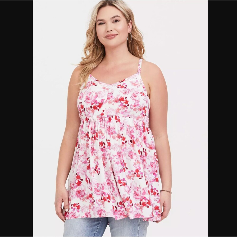 Torrid Floral Babydoll Cami Top 2X 18 20 White Pink Smocked Challis Tunic Boho - Picture 3 of 8